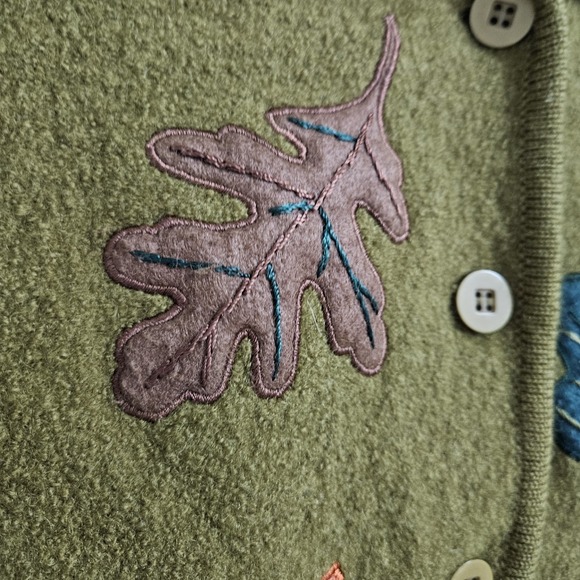 Lisa International Cardigan Women S Green Boiled Wool Leaf Applique Button Front - Picture 5 of 10